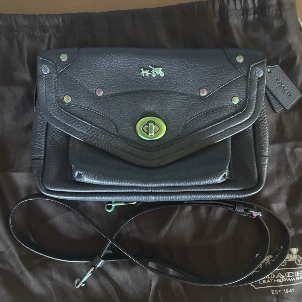 Coach Navy Rhyder Messenger Bag with oil slick rainbow hardware extremely RARE!